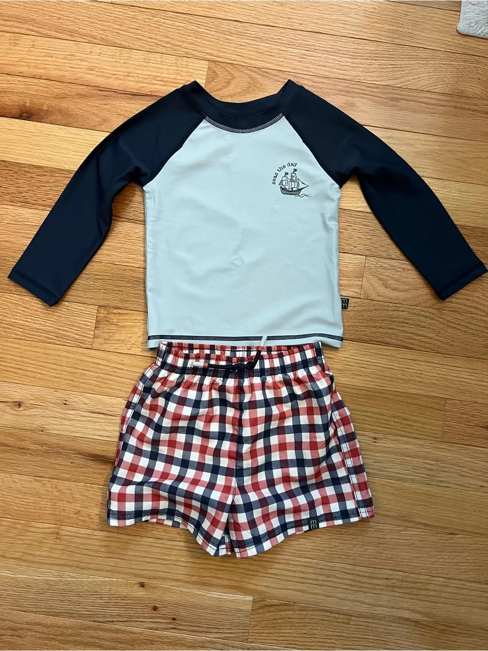 Kids Navy & White Rash Guard Set with Red Plaid Swim Shorts